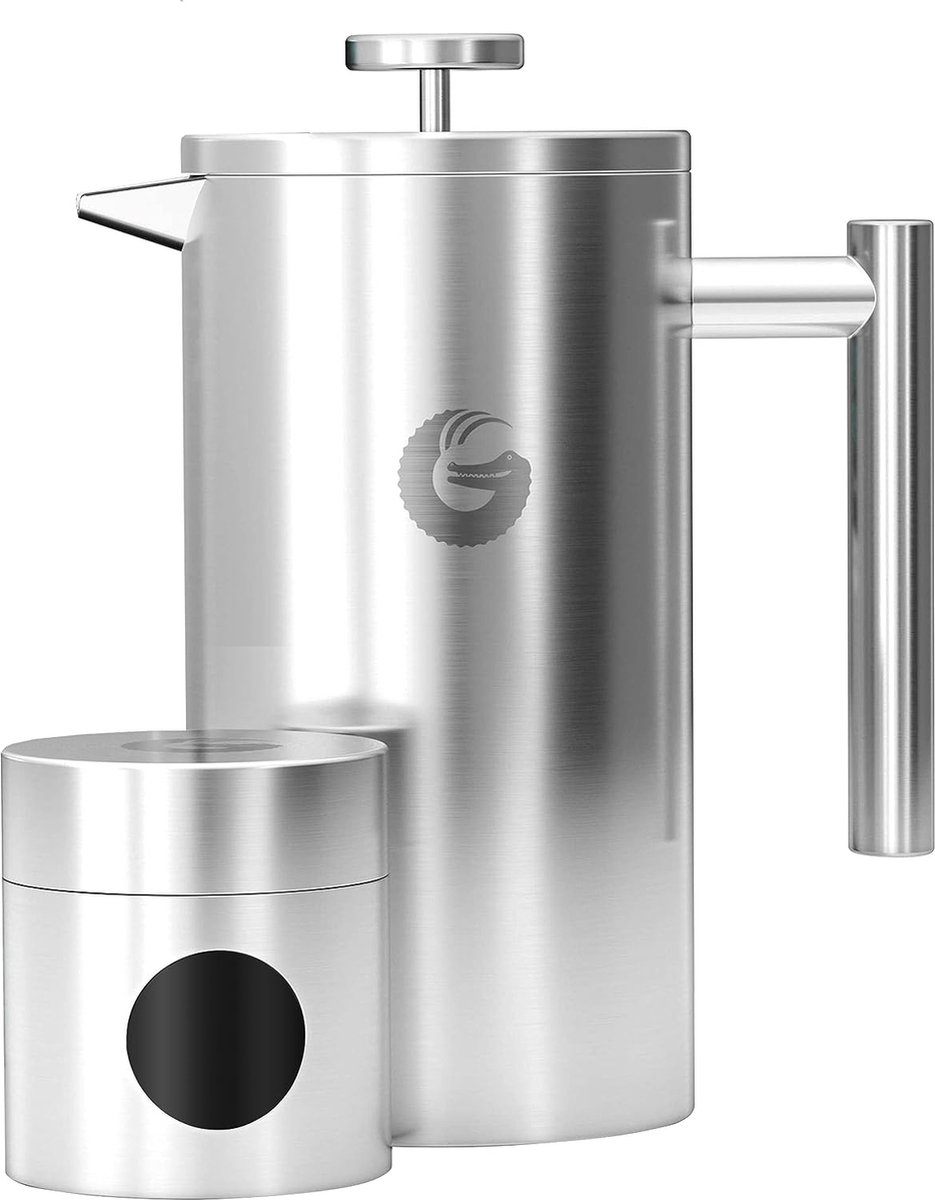 cafetière, Franse koffie- en theemaker, inhoud 1 liter, dubbelwandige Franse koffiepers van roestvrij staal uitgevoerd in zwart; houdt koffie langer warm. Met gratis bijpassend minikoffieblik in matgrijs, 1l, roestvrij staal