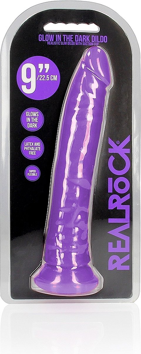 realrock - 9 INCH - dildo - ribbels - zuignap - glow in the dark - paars