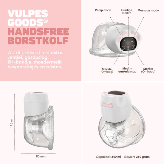 Vulpes Goods® BabyCare - Handsfree Borstkolf - Elektrische Draadloze Borstkolf – Dubbele Elektrische Kolf - Draagbaar - 2 Stuks - Incl. 60 Moedermelkbewaarzakjes, Borstvoeding informatie, Reistas & Borstschildverkleiners