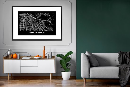 Cadre photo avec affiche - Amsterdam - Carte - Zwart - 120x80 cm - Cadre pour affiche
