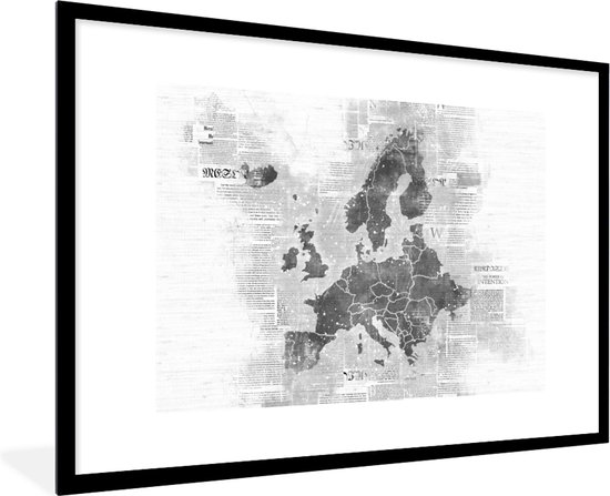 Fotolijst incl. Poster Zwart Wit- Europakaart op krantenpapier - zwart wit - 120x80 cm - Posterlijst