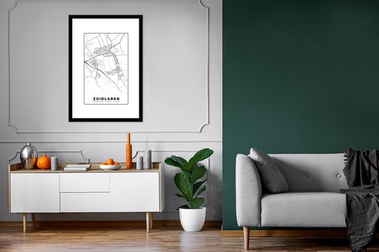 Affiche avec cadre Carte - Zuidlaren - Zwart - Wit - 60x90 cm