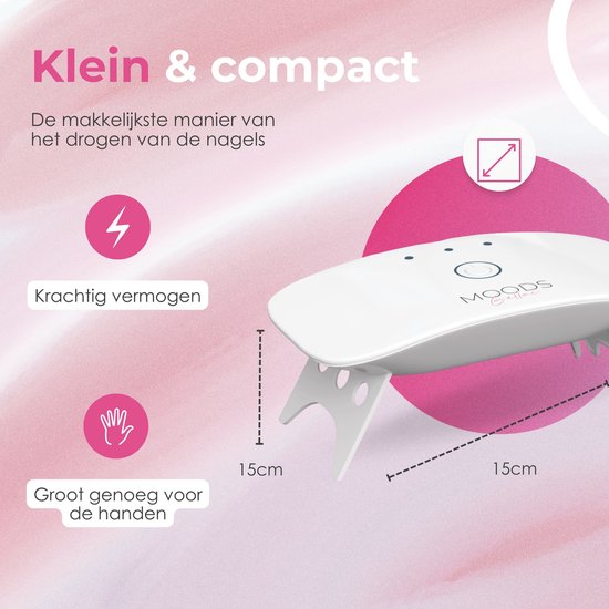 Witte MOODS Gellac mini nagellamp met afmetingen 15cm x 15cm, krachtig vermogen.