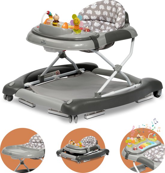 BRONEA Loopstoeltje baby 4-in-1 | Babywalker met schommelfunctie en speelpaneel met muziek | In hoogte verstelbaar en klapbaar| Loopstoel met geruisloze wielen en remmen