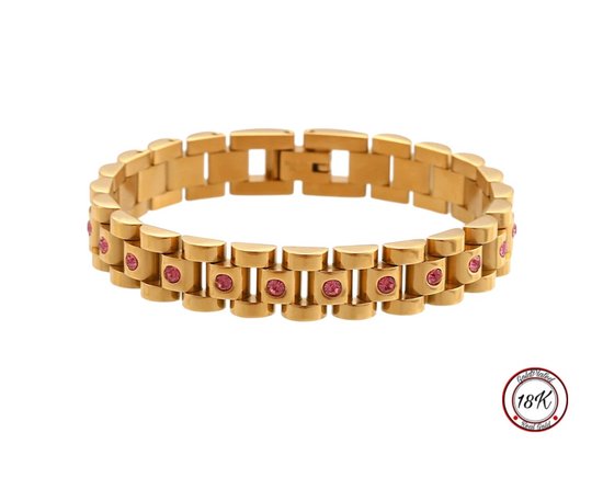 Soraro Presidente Stijl Armband | 18K Goldplated | Horlogeband Stijl | Goud kleurig | Staal | Roze | Armband Vrouwen | 10mm | Vrouwen Cadeautjes | Zirkonia | Pin Remover | Moederdag