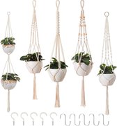 Set van 5 macramé bloemenhangers, boho-decoratie, katoenen touw, hanglamp, bloempot, plantenhouder, hangers voor binnen en buiten, plafond, balkon, wanddecoratie (beige)