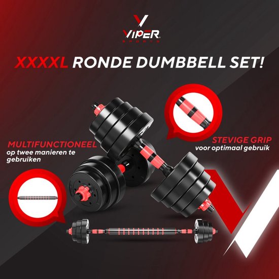 Verstelbare Dumbbell Set tot 40kg – Professionele 2-in-1 Halterset met gewichten- 2x20kg – Krachttraining – Fitness Halterstang – Dumbells - Viper Sports - Rood