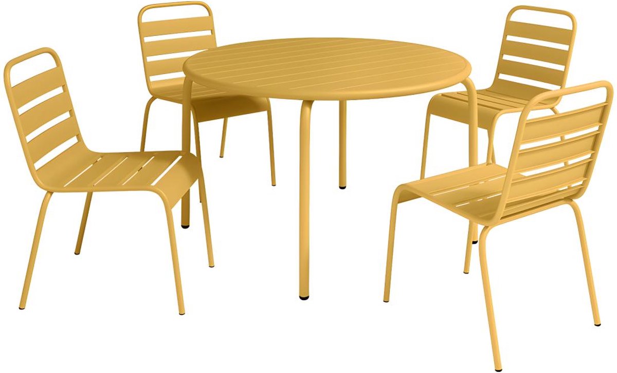 MYLIA Tuineethoek van metaal - Een tafel D110 cm en 4 opstapelbare stoelen - Mosterdgeel - MIRMANDE van MYLIA L 110 cm x H 79 cm x D 110 cm