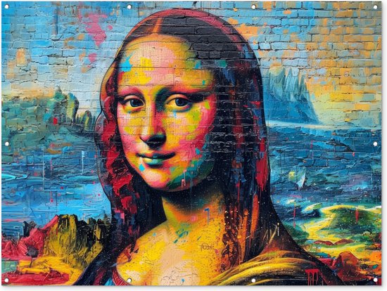 Tuinposter 160x120 cm - Tuindecoratie - Graffiti - Mona Lisa - Streetart - Da Vinci - Oude meesters - Poster voor in de tuin - Buiten decoratie - Schutting tuinschilderij - Muurdecoratie - Tuindoek - Buitenposter..