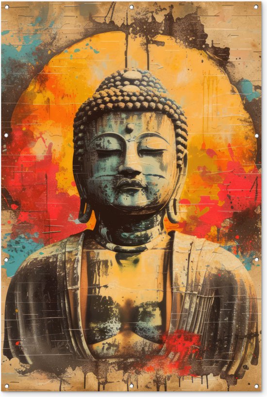 Tuinposter 120x180 cm - Tuindecoratie - Boeddha - Graffiti - Street art - Boedha beeld - Buddha - Poster voor in de tuin - Buiten decoratie - Schutting tuinschilderij - Muurdecoratie - Tuindoek - Buitenposter..