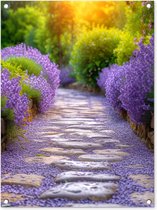 Tableau de jardin Fleurs - Chemin - lavande - Jardin - 60x80 cm - Affiche de jardin - Toile de jardin - Affiche d'extérieur