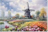 Tuinposter bloemen - Tuindecoratie tulpen - 90x60 cm - Poster voor in de tuin - Buiten decoratie Holland - Schutting tuinschilderij verf - Tuindoek muurdecoratie windmolen - Wanddecoratie balkondoek