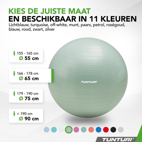 Lichtgroene fitnessbal met een diameter van 65 cm, verkrijgbaar in 11 kleuren.