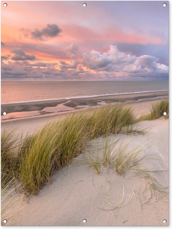 Tuinposter - Tuindoek - Tuinposters buiten - Strand - Zee - Duin - Nederland - Roze - 90x120 cm - Tuin