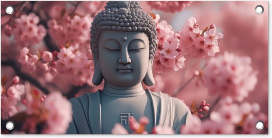 Tuinposter Boeddha - Beeld - Sakura - Buddha - Kersenbloesem - 60x30 cm - Tuindoek - Buitenposter