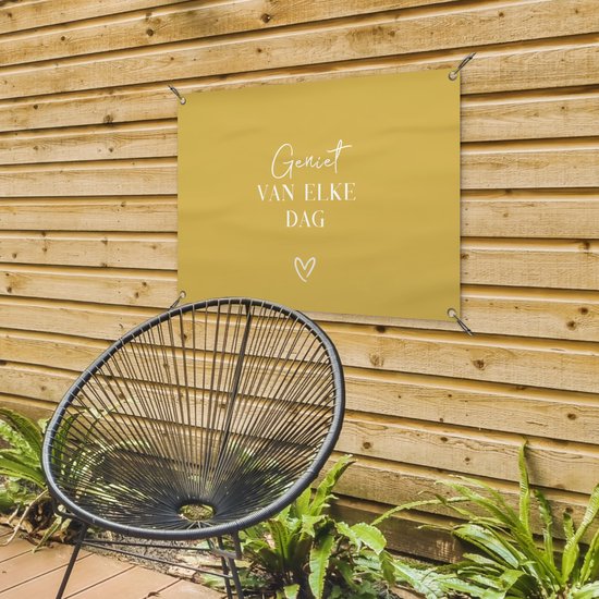 Affiche de jardin 80x60 cm - Décoration de jardin - Citation - Enjoy - Jaune - Texte - Coeur - Affiche pour le jardin - Décoration extérieure - Peinture de jardin de clôture - Décoration murale murale - Toile de jardin - Affiche extérieure