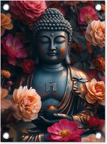 Tuinposter Boeddha - Tuindecoratie Buddha beeld - 30x40 cm - Tuindoek bloemen - Muurdecoratie voor buiten - Schuttingposter - Tuinschilderijen - Tuinwanddecoratie - Tuinposters