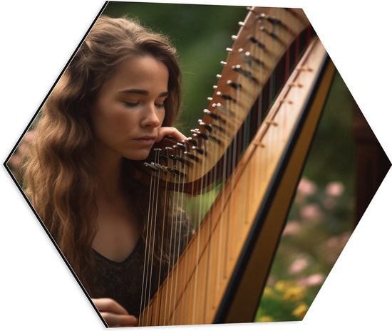 Dibond Hexagon - Vrouw - Muziek - Harp - Instrument - Bloemen - 50x43.5 cm Foto op Hexagon (Met Ophangsysteem)