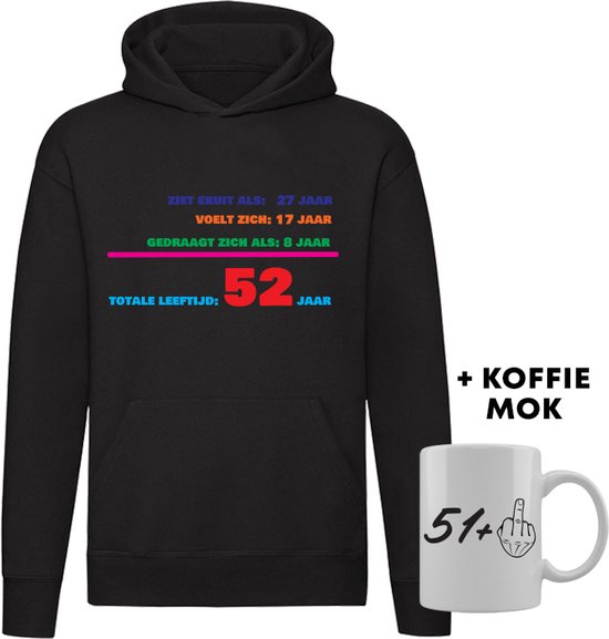 52 jaar Hoodie + Koffie Mok - verjaardag - jarig - feest - 52e verjaardag - grappig - cadeau - unisex - trui - sweater - capuchon