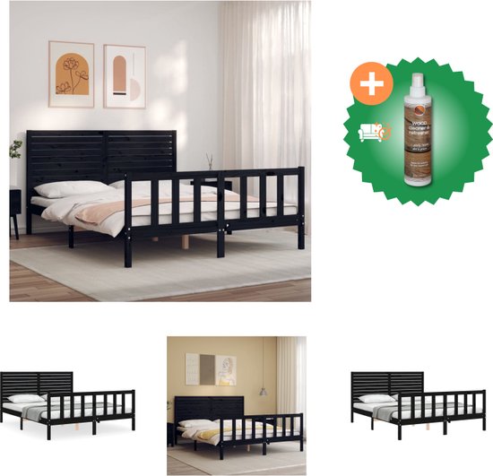vidaXL Bedframe met hoofdbord massief hout zwart 160x200 cm - Bed - Inclusief Houtreiniger en verfrisser