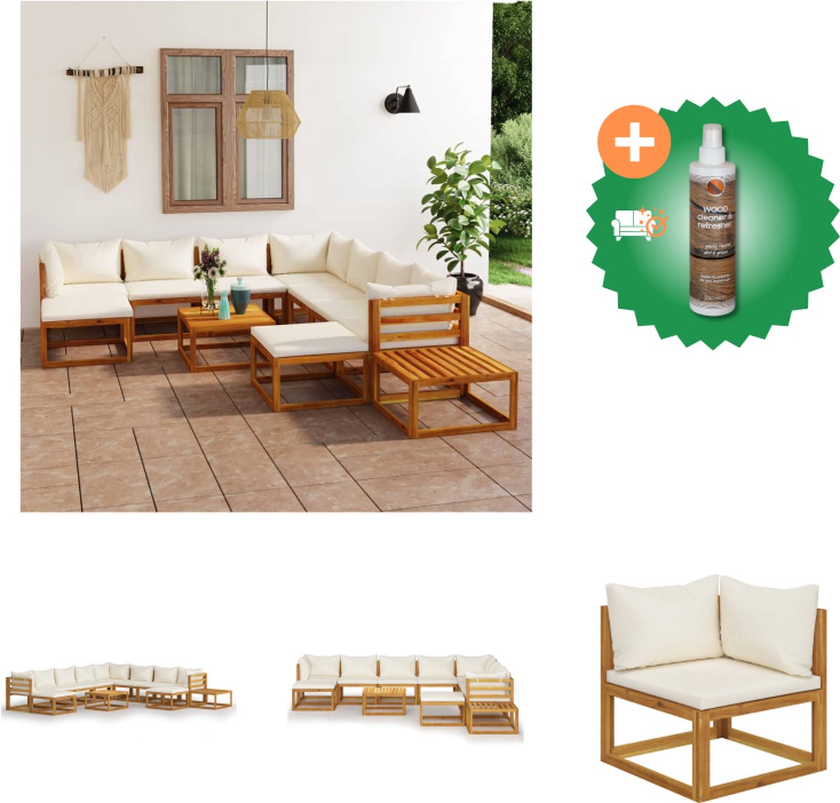 VidaXL Loungeset Acacia Houten Tuinmeubelen 2 salontafels Crème kussens Tuinset Inclusief Houtreiniger en verfrisser