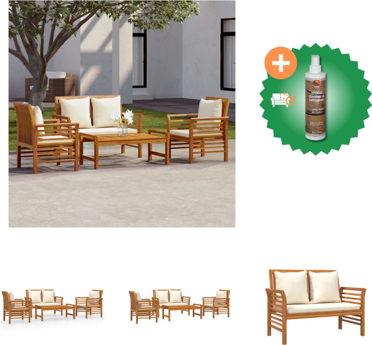 VidaXL Tuinset Massief Acaciahout 2 Armstoelen 1 Tweezitsbank Tafel Crèmewit Kussen 150x100x50 cm Tuinset Inclusief Houtreiniger en verfrisser