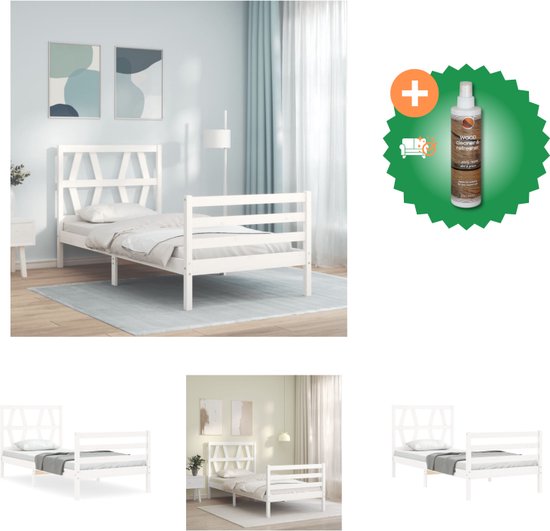 vidaXL Bedframe met hoofdbord massief hout wit 90x200 cm - Bed - Inclusief Houtreiniger en verfrisser