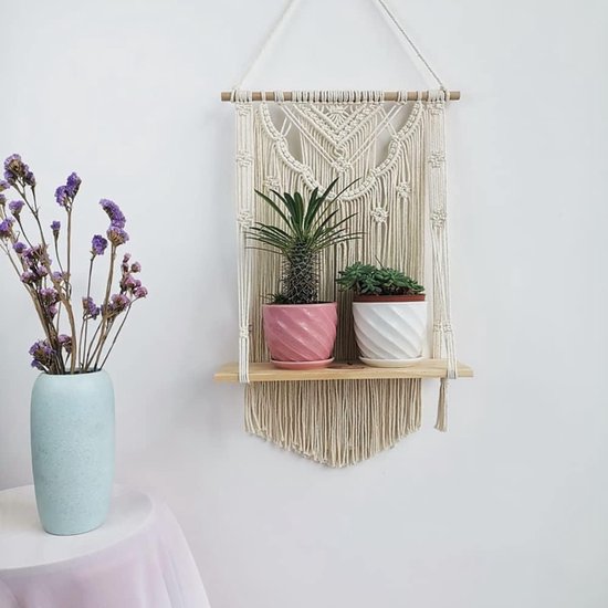 Tefola 2 stuks Boheemse houten wandplanken, gebogen gestreepte houten panelen met zwevende planken, boho houten decor wandplank voor potten boeken kaarsen foto's, kinderkamer slaapkamer keuken kantoor