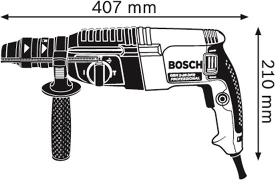 Zwart-wit omtrek van Bosch GBH 2-26 DFR boorhamer, afmetingen 407 mm breed en 210 mm hoog.