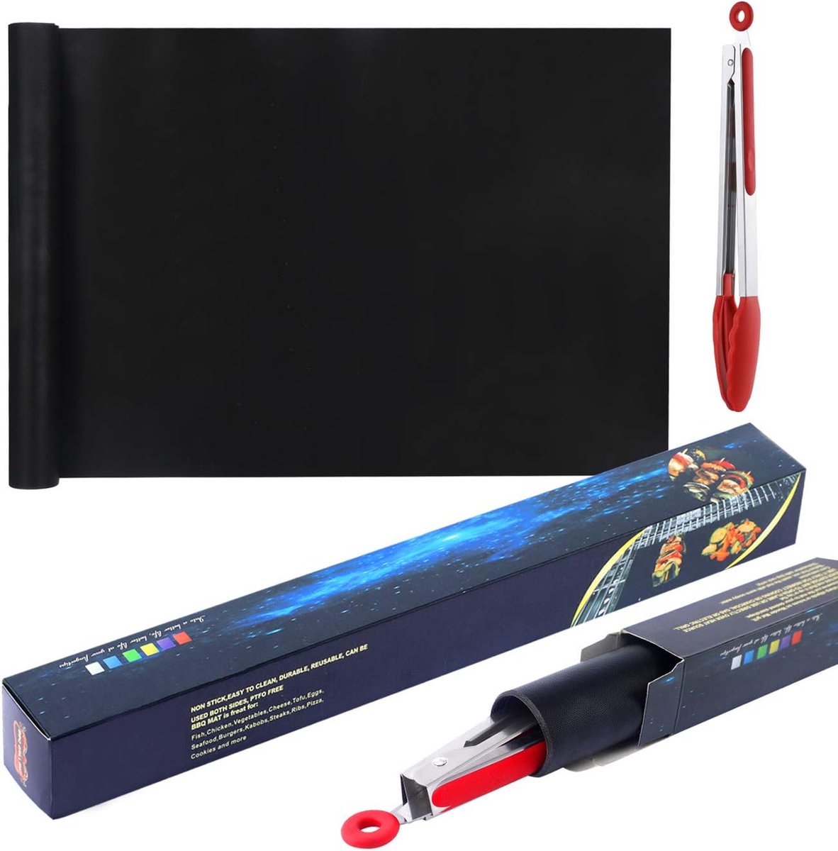 BBQ-grillmat voor gasbarbecue 180 x 40 cm bakmat bakfolie herbruikbaar anti-aanbaklaag Teflon-grillmatten met griitang zwart
