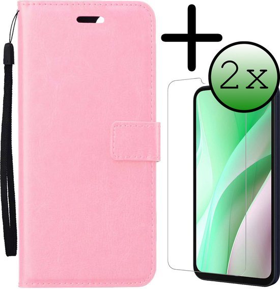 Hoesje Met 2x Screenprotector - Geschikt voor Samsung Galaxy A15 - Luxe Pasjeshouder - Bookcase Portemonee - Flip Case - Kunstleer Book Case - Flipcase Hoes - Book Cover - Walletcase - Portemonneehoes - Lichtroze