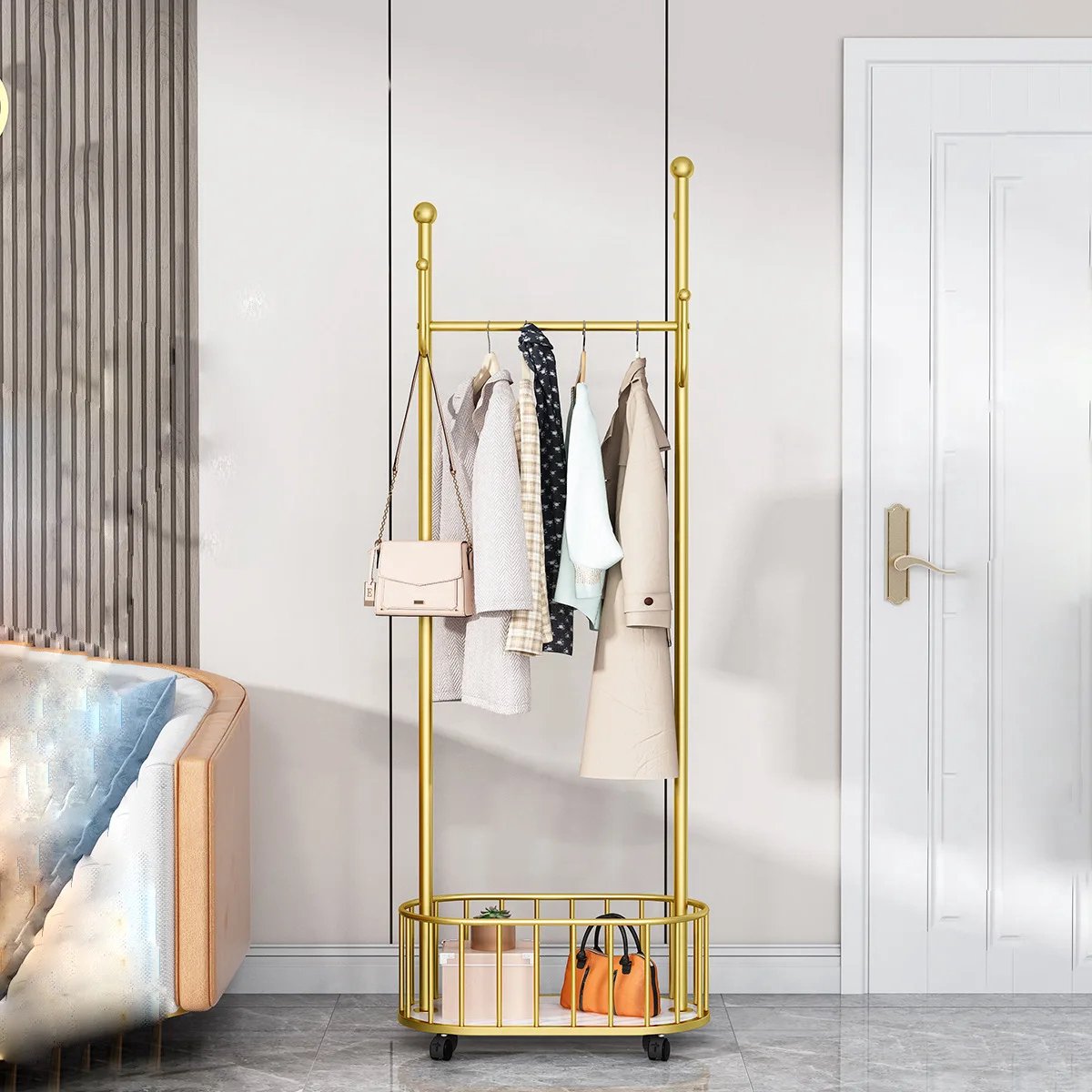 Kledion Reka Luxaliving - Kledingrek - Goud-Wit - Kapstok met opberg mand ...