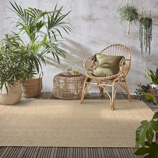 Flycarpets Ceres Buitenkleed Laagpolig - Jute - Geruit Vloerkleed - Naturel - 160x230 cm