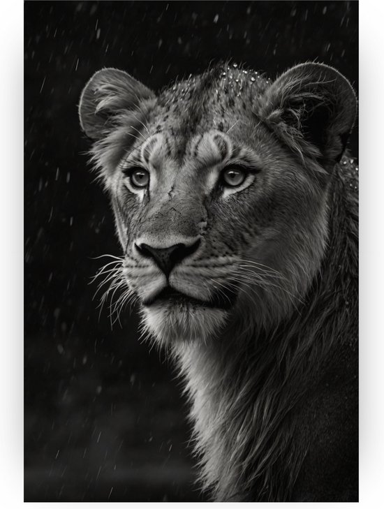 Leeuw welp in de regen poster - Leeuw wanddecoratie - Poster wilde dieren - Muurdecoratie modern - Posters slaapkamer - Decoratie muur - 60 x 90 cm