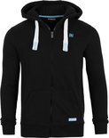 Zwarte hoodie met capuchon, rits, witte trekkoorden en lichtblauwe riverso logo's.