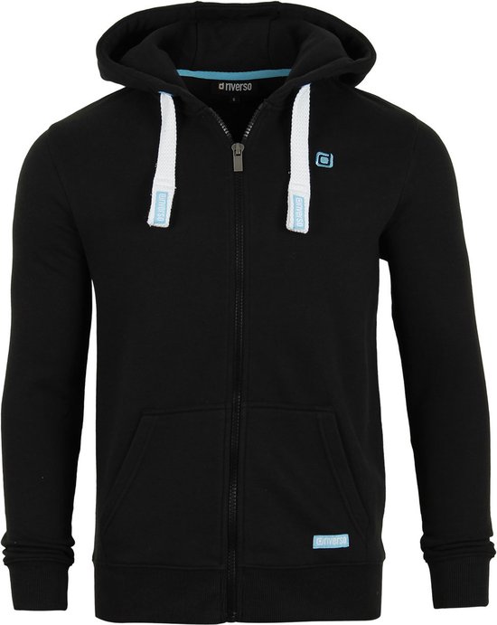 Zwarte hoodie met capuchon, rits, witte trekkoorden en lichtblauwe riverso logo's.