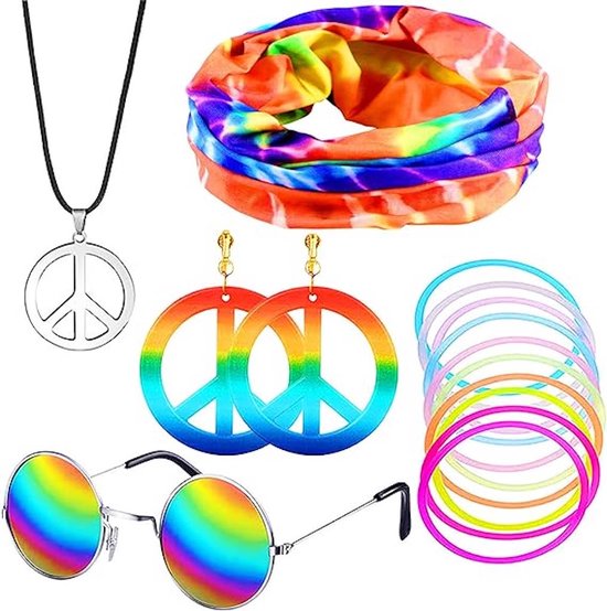 Grantop Hippiekostuumset voor dames, jaren 70 kostuum en accessoires, hippiejurk met halsketting, oorbellen, zonnebril, disco kostuum (stijl 2, XXL