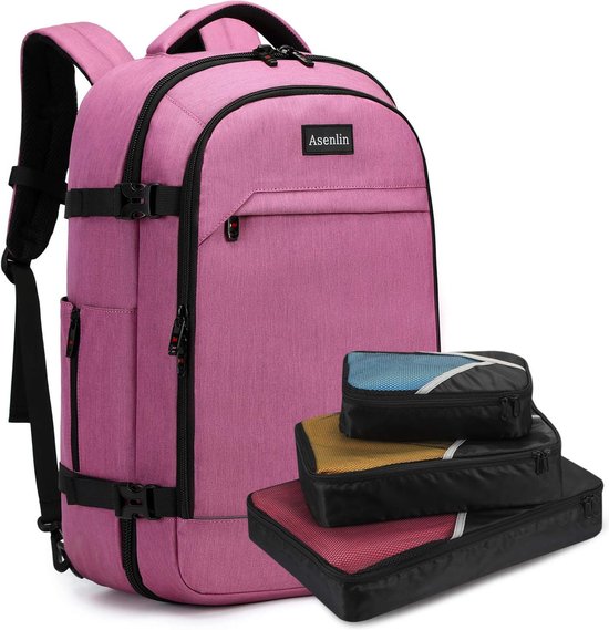 40L supergrote handbagage reisrugzak, 17-inch laptoprugzak voor heren en dames, weekendovernachting grote dagrugzak voor werkreizen, roze