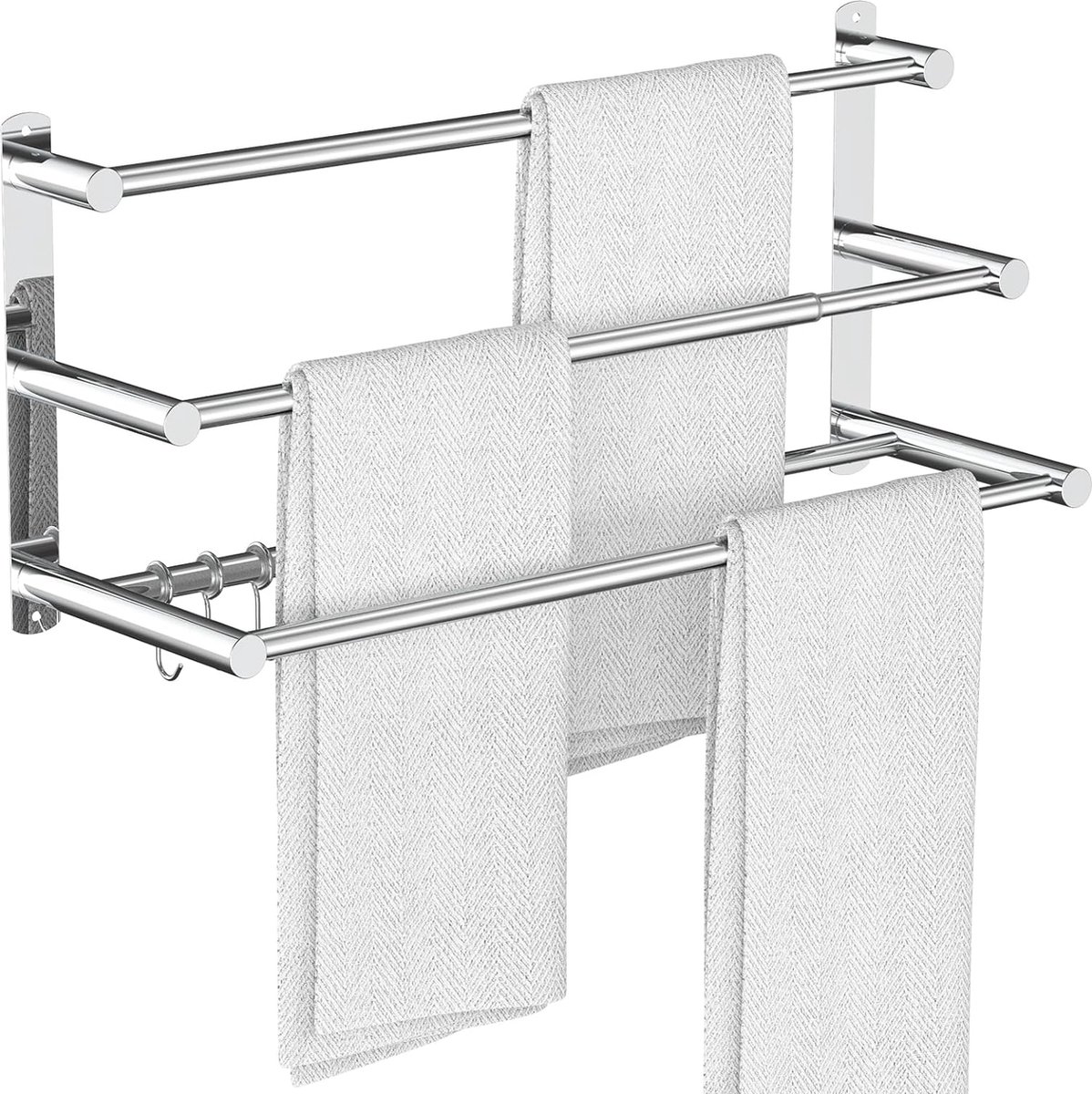 43-76 cm handdoekstang voor badkamer keuken handdoekhouder theedoeken hanger SUS304 roestvrij staal muurbeugel geen boren instelbaar (zilver 3-bar met beweegbare haak)
