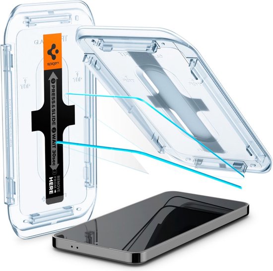 Un kit d'installation Spigen Glas.tR EZ Fit et un protecteur d'écran pour smartphone avec un téléphone.