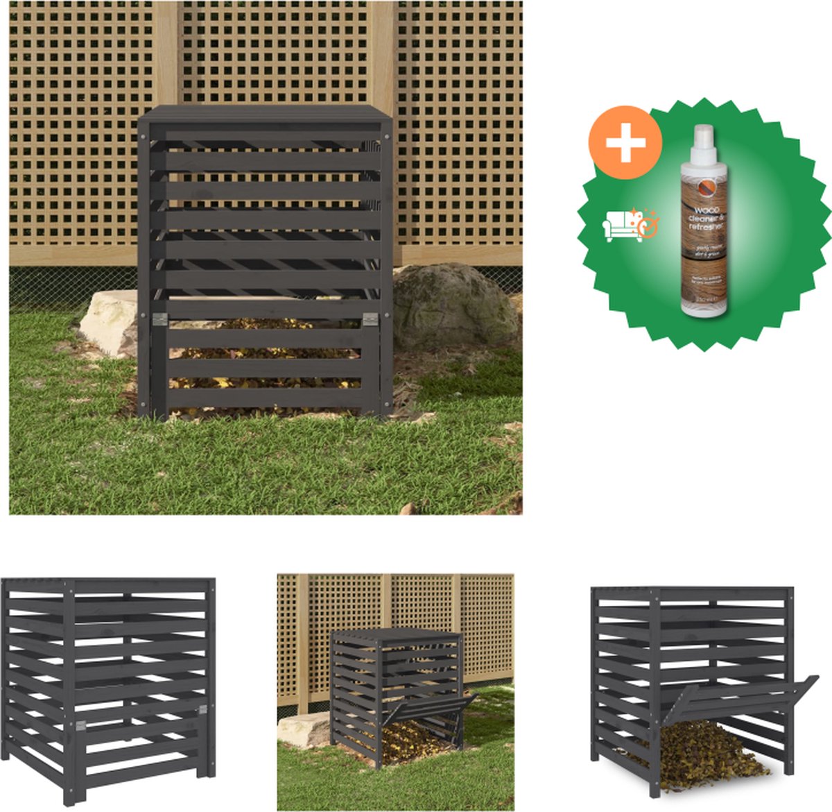 VidaXL Compostbak 82 5x82 5x99 5 cm massief grenenhout grijs Compostbak Inclusief Houtreiniger en verfrisser