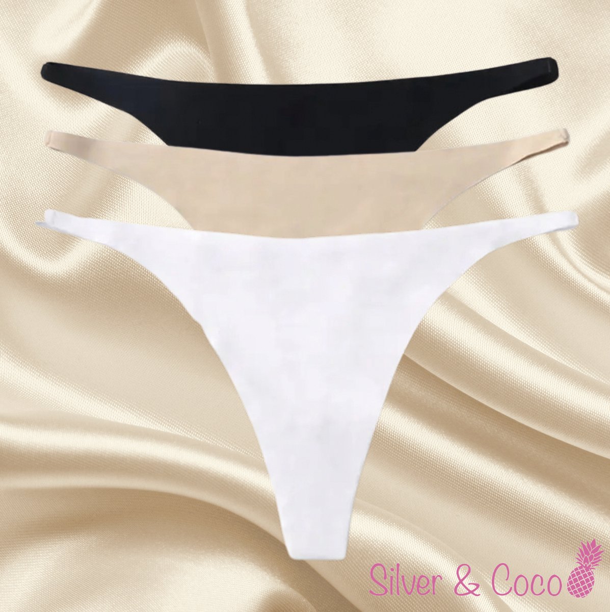 SilverAndCoco® - 3 Stuks Naadloze Strings / Seamless String Nude Onderbroek Dames / Zacht Brazilian Slipje / Naadloos Stretch Ondergoed Vrouw / Strings Dames Lingerie Broekje Slip Black - Zwart / Beige / Wit Small