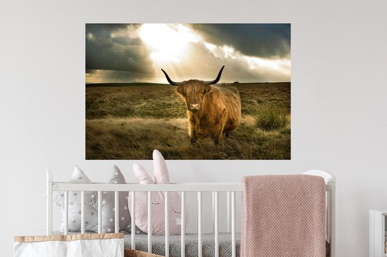 Muurstickers - Sticker Folie - Schotse Hooglander - Zon - Dieren - 90x60 cm - Plakfolie - Muurstickers Kinderkamer - Zelfklevend Behang - Zelfklevend behangpapier - Stickerfolie