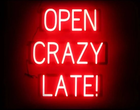 OPEN CRAZY LATE! - Lichtreclame Neon LED bord verlicht | SpellBrite | 54 x 60 cm | 6 Dimstanden - 8 Lichtanimaties | Reclamebord neon verlichting