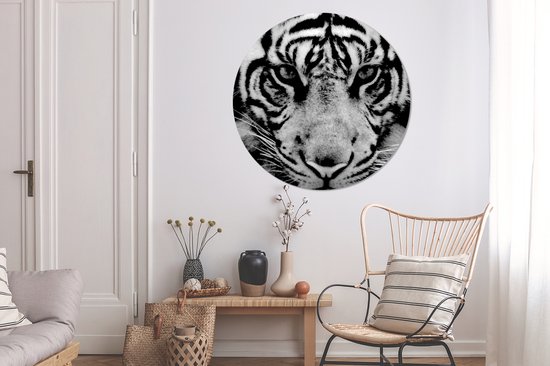 WallCircle - Cercle mural - Cercle mural - Tigre de Sumatra sur fond noir en noir et blanc - Aluminium - Dibond - 140x140 cm - Intérieur et Extérieur