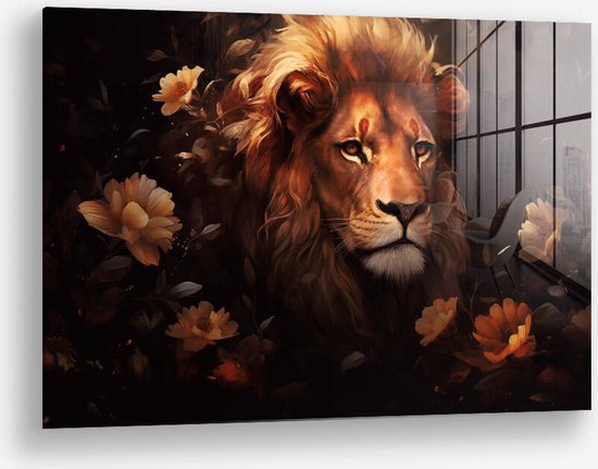 Wallfield™ - The Painted Lion | Glasschilderij | Muurdecoratie / Wanddecoratie | Gehard glas | 40 x 60 cm | Canvas Alternatief | Woonkamer / Slaapkamer Schilderij | Kleurrijk | Modern / Industrieel | Magnetisch Ophangsysteem