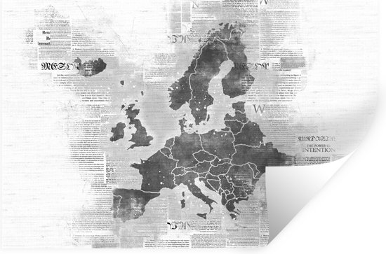 Muurstickers - Sticker Folie - Kaart van Europa op krantenpapier - zwart wit - 60x40 cm - Plakfolie - Muurstickers Kinderkamer - Zelfklevend Behang - Zelfklevend behangpapier - Stickerfolie