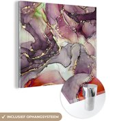 MuchoWow® Glasschilderij 50x50 cm - Schilderij acrylglas - Marmer - Rood - Paars - Goud - Foto op glas - Schilderijen