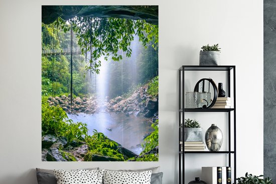 Muursticker - Jungle - Fleurs - Cascade - Décoration murale - Autocollants - 120x160 cm - Papier peint autocollant - Film autocollant