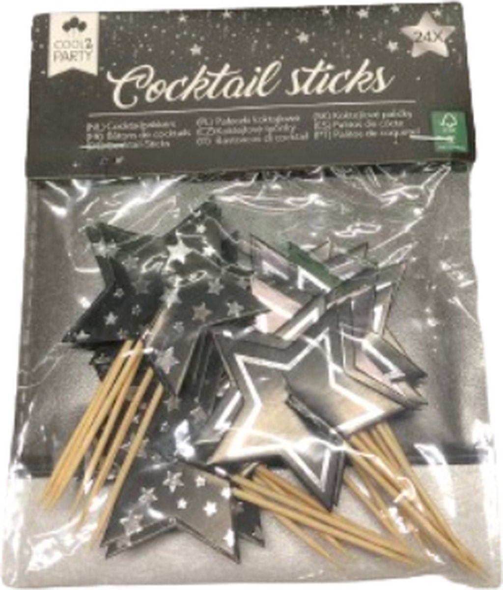 Cocktailprikkers met '' Ster '' - Zwart / Zilver - Karton / Hout - 24 stuks - Cocktail Sticks